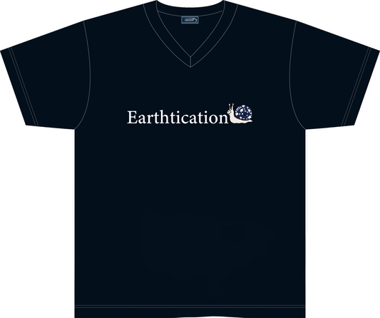 Black t-shirt with 'Earthtication' logo on a white background