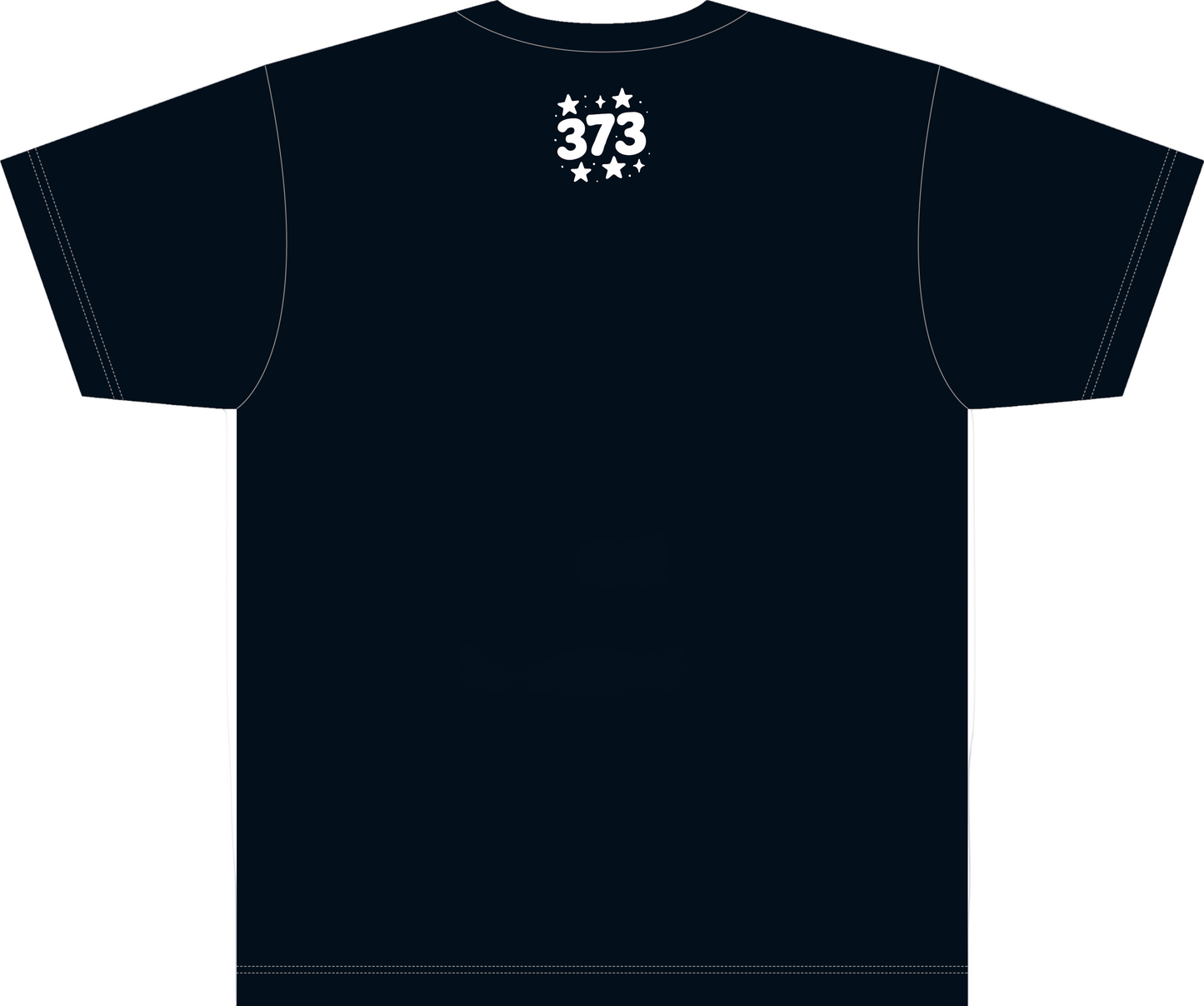 Black t-shirt with white text and stars on a white background