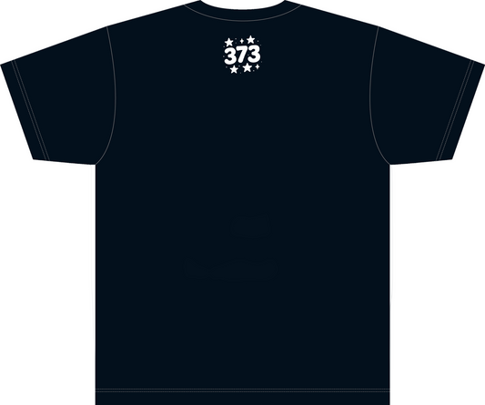 Black t-shirt with white text and stars on a white background