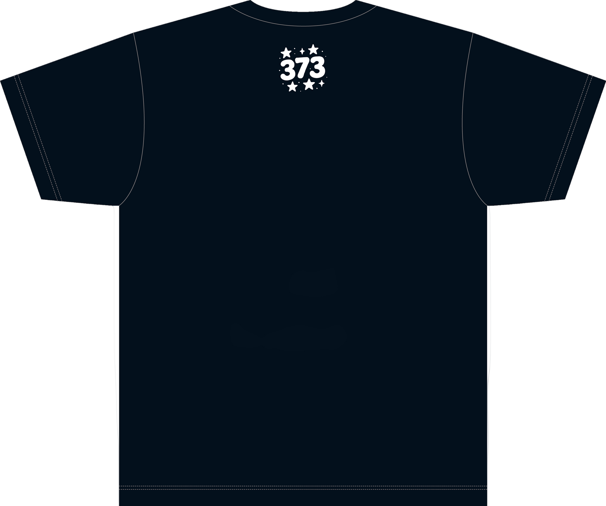 Black t-shirt with white text and stars on a white background