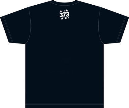 Black t-shirt with white text and stars on a white background
